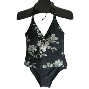 Ocean Dream Womens Medium 12 Black Metallic Floral 2 Piece Halter Bathing Suit
